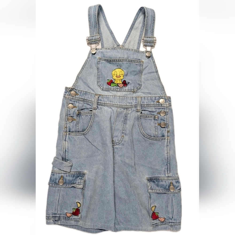 Vintage 90s Tweety Bird Tutti Frutti Denim Overall Shorts Kids Size 8 Fruit